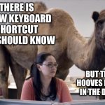 Follow your true calling | THERE IS A NEW KEYBOARD SHORTCUT YOU SHOULD KNOW; BUT THESE HOOVES BELONG IN THE DESERT | image tagged in camel,keyboard shortcut,memes,destiny,true calling,happy office worker | made w/ Imgflip meme maker