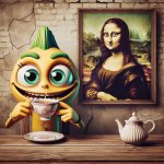 A cartoon character drinking tea with a portrait of Mona lisa