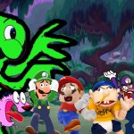 Wario and Friends dies by a Green furry Demon Weegee while exploring in a forest | image tagged in mlp forest,wario dies,super mario,courage the cowardly dog,jeffy,weegee | made w/ Imgflip meme maker