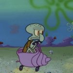 Squidward in a shell cart