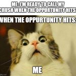 literally me right now | ME: I'M READY TO CALL MY CRUSH WHEN THE OPPURTUNITY HITS! WHEN THE OPPURTUNITY HITS:; ME | image tagged in memes,scared cat | made w/ Imgflip meme maker