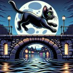 black cat jumping off a bridge