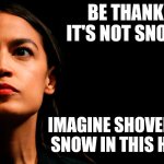 aoc heatwave | BE THANKFUL IT'S NOT SNOWING; IMAGINE SHOVELING SNOW IN THIS HEAT | image tagged in ocasio-cortez super genius,heatwave,snow joke | made w/ Imgflip meme maker