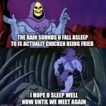 Cursed knowledge | THE RAIN SOUNDS U FALL ASLEEP TO IS ACTUALLY CHICKEN BEING FRIED; I HOPE U SLEEP WELL NOW UNTIL WE MEET AGAIN | image tagged in he man skeleton advices,memes,facts | made w/ Imgflip meme maker