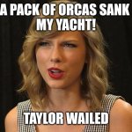 Taylor wailed | A PACK OF ORCAS SANK 
MY YACHT! TAYLOR WAILED | image tagged in taylor swiftie | made w/ Imgflip meme maker