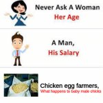 They're shredded alive usually :( | Chicken egg farmers, What happens to baby male chicks | image tagged in never ask a woman her age,cruel,animal rights,eggs,consumerism,chicken | made w/ Imgflip meme maker