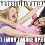 Girl fight | IT'S JUST LIKE A DREAM; THAT I WON'T WAKE UP FROM | image tagged in girl fight | made w/ Imgflip meme maker