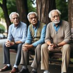 3 waiting old men on a bench