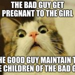 good guy | THE BAD GUY GET PREGNANT TO THE GIRL; THE GOOD GUY MAINTAIN TO THE CHILDREN OF THE BAD GUY | image tagged in memes,scared cat | made w/ Imgflip meme maker