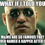 M&Ms | WHAT IF I TOLD YOU; M&MS ARE SO FAMOUS THEY EVEN NAMED A RAPPER AFTER IT | image tagged in what if i told you | made w/ Imgflip meme maker