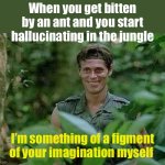 Hallucinating | When you get bitten by an ant and you start hallucinating in the jungle; I’m something of a figment of your imagination myself | image tagged in willem dafoe grin in the bushes | made w/ Imgflip meme maker