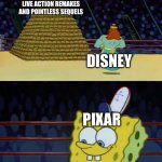 Inside Out 2 slaps! | LIVE ACTION REMAKES AND POINTLESS SEQUELS; DISNEY; PIXAR; A WELL-WRITTEN AND NECESSARY CONTINUATION OF A MOVIE ABOUT EMOTIONS | image tagged in king neptune vs spongebob,inside out 2,inside out,pixar,disney,movies | made w/ Imgflip meme maker