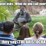 The aristocrats! | So the agent asks "What do you call yourselves?"; and they say "THE ARISTOCRATS!" | image tagged in ted talk gorilla,aristocrats | made w/ Imgflip meme maker