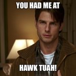 Jerry Maguire you had me at hello | YOU HAD ME AT; HAWK TUAH! | image tagged in jerry maguire you had me at hello | made w/ Imgflip meme maker