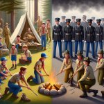 Create an image showing Boy Scouts in casual uniforms engaging i