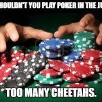 Daily Bad Dad Joke June 21, 2024 | WHY SHOULDN'T YOU PLAY POKER IN THE JUNGLE? TOO MANY CHEETAHS. | image tagged in poker chips | made w/ Imgflip meme maker