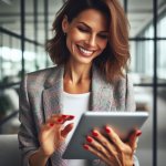 Woman smiling holding a tablet