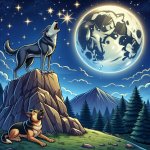 wolf howling at a dog under the moon