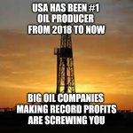 Oil Rig | USA HAS BEEN #1 
OIL PRODUCER 
FROM 2018 TO NOW; BIG OIL COMPANIES 
MAKING RECORD PROFITS
ARE SCREWING YOU | image tagged in oil rig | made w/ Imgflip meme maker