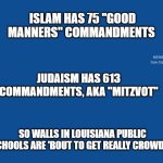 Slate Blue Solid Color Background  | ISLAM HAS 75 "GOOD MANNERS" COMMANDMENTS; MEMEs by Dan Campbell; JUDAISM HAS 613 COMMANDMENTS, AKA "MITZVOT"; SO WALLS IN LOUISIANA PUBLIC SCHOOLS ARE 'BOUT TO GET REALLY CROWDED | image tagged in slate blue solid color background | made w/ Imgflip meme maker