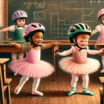 Little toddler girls learning ballet wearing bike helmets