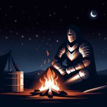 a knight siting next to campfire in night template