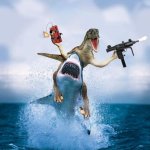 Photoshopped Dinosaur with Machine Gun Riding Shark meme