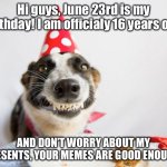 Happy Birthday to meh! | Hi guys, June 23rd is my birthday! I am officialy 16 years old! AND DON’T WORRY ABOUT MY PRESENTS, YOUR MEMES ARE GOOD ENOUGH! | image tagged in birthday dog,meems,dog,happy birthday | made w/ Imgflip meme maker