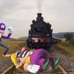 Wario dies by a train while rolling on the railroad tracks during a Dare with Waluigi | image tagged in railroad track,wario dies,wario,waluigi | made w/ Imgflip meme maker