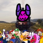 Wario and Friends dies by a Purple demon-faced train while exploring in a field | image tagged in railroad track,wario dies,courage the cowardly dog,super mario,jeffy,crossover | made w/ Imgflip meme maker