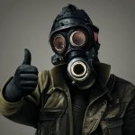 man in gas mask thumbs up