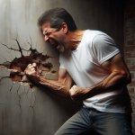 a guy punching a wall while crying