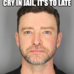 Justin Timberlake DUI Mugshot | IT'S TOO LATE TO CRY IN JAIL, IT'S TO LATE | image tagged in justin timberlake dui mugshot,memes,meme,funny,fun,if you know you know | made w/ Imgflip meme maker