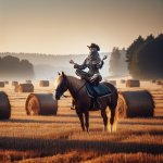 Woman wearing coveralls and cowboy hat while doing yoga tree pos