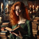 Whimsical redhead reading book