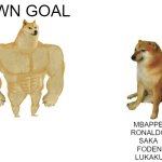 EURO 2024 TOP SCORERS | OWN GOAL; MBAPPE 
RONALDO 
SAKA 
FODEN
LUKAKU | image tagged in memes,buff doge vs cheems | made w/ Imgflip meme maker