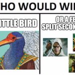 Nadu the boogeyman | ONE LITTLE BIRD; OR A FEW SPLIT SECOND BOIS | image tagged in memes,who would win | made w/ Imgflip meme maker