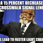 Too Damn High | A 15 PERCENT DECREASE IN CROSSWALK SIGNAL LENGHT; WILL LEAD TO FASTER LIGHT CHANGE! | image tagged in memes,too damn high | made w/ Imgflip meme maker