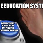 Education, circa 2024 | THE EDUCATION SYSTEM; WASTE 15 YEARS OF YOUR LIFE TO GIVE YOU LITTLE IMPORTANT INFORMATION | image tagged in memes,blank nut button | made w/ Imgflip meme maker