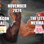 november 2024 events | NOVEMBER 2024; THE LITTLE MERMAID; DRAGON BALL | image tagged in holding hands,november,2024,dragon ball z,the little mermaid,current events | made w/ Imgflip meme maker