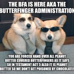 BFA OPEN UP!! | THE BFA IS HERE AKA THE BUTTERFINGER ADMINISTRATION; YOU ARE FORCED HAND OVER ALL PEANUT BUTTER COVERED BUTTERFINGERS AS IT SAYS SO IN TESTAMENT ACT 5 ALSO IT IS PEANUT BUTTER SO WE DON'T GET POISONED BY CHOCOLATE! | image tagged in corgis in suits,butterfingers | made w/ Imgflip meme maker