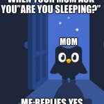 Shouldn’t have said that | WHEN YOUR MOM ASK YOU”ARE YOU SLEEPING?”; MOM; ME:REPLIES YES | image tagged in duolingo bird | made w/ Imgflip meme maker