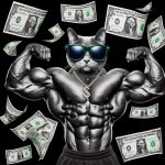A buff, muscular cat flexing its muscles, wearing sunglasses wit