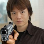 Sakurai aiming a gun at you