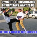 Kick in balls | SYMBOLIC REPRESENTATION OF WHAT FANS WANT TO DO; KATHLEEN KENNEDY AND LUCASFILM | image tagged in kick in balls,george lucas,disney,star wars | made w/ Imgflip meme maker