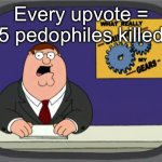 Peter Griffin News Meme | Every upvote = 5 pedophiles killed | image tagged in memes,peter griffin news | made w/ Imgflip meme maker