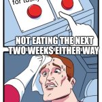Two Buttons | Pay bills; Push for tushy; NOT EATING THE NEXT TWO WEEKS EITHER WAY | image tagged in memes,two buttons | made w/ Imgflip meme maker