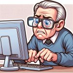 An old guy with glasses on a pc, doesnt understand what he is do