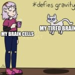 My brain is tired | MY TIRED BRAIN; MY BRAIN CELLS | image tagged in cats defying gravity,relatable,relatable memes,jpfan102504 | made w/ Imgflip meme maker