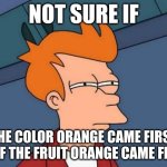 Relatable | NOT SURE IF; THE COLOR ORANGE CAME FIRST OR IF THE FRUIT ORANGE CAME FIRST | image tagged in memes,futurama fry | made w/ Imgflip meme maker